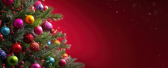 Decorated Christmas tree with colorful baubles on red festive background