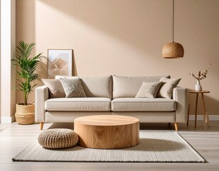 Wooden podium placed in cozy living room with beige gradient wall.