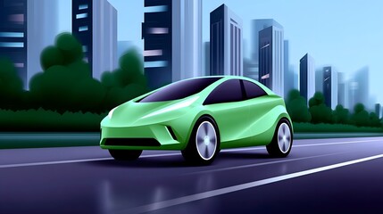 A sleek, green electric car navigating the streets of a futuristic, technologically advanced city with towering skyscrapers in the background.