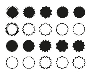 Circle sticker. Star burst shape tags for price. Set of wavy edge promo badges. Blank of sale pack. Vintage labels collection. Circle black thin lined borders. Curve edge round flat frame.