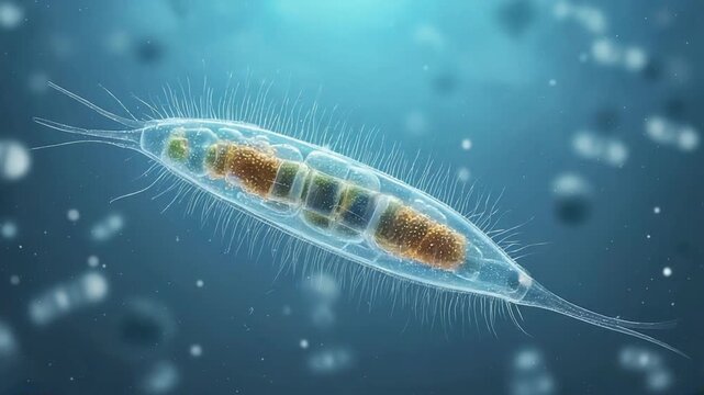 A microscopic view of a didinium protozoan with cilia swimming in a blue liquid environment