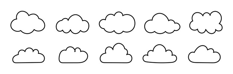 Fluffy doodle clouds. Outline cloud. Weather design element templates. Puffy, cumulus clouds patterns. Set of cloudy forms in black contour. Hand drawn cute thin icon. Flat simple objects cloudscape.