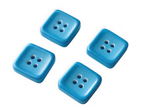 Four blue square sewing buttons with four holes isolated on transparent background