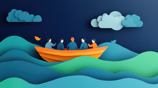 reserch team paper in a floating cut out style
