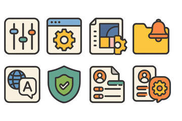 Communication and settings outline icon set. language, notification, security icons collection