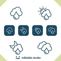 Weather Icons. Raining, Rain, Cloud, Raindrop, Droplet, Sun, Moon, Day, Night