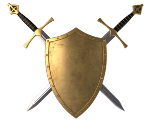 Golden shield with two crossed swords on a black background in a digital rendering style image on transparent background