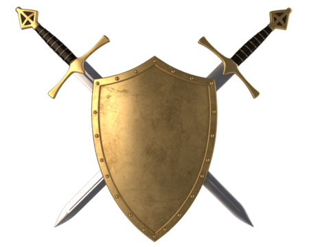 Golden shield with two crossed swords on a black background in a digital rendering style image on transparent background