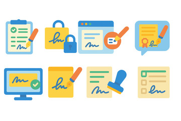 Digital signature flat icon set. electronic, documents, approved icons collection