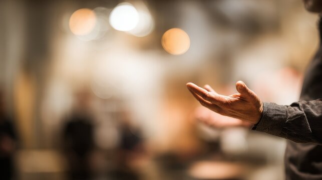 Medium shot capturing a presenter explaining the features of advanced paper materials to a small crowd during a demo session with the surroundings artfully blurred.