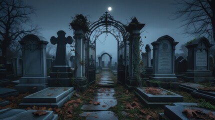 abandoned halloween ancient cemetery with a big gate at night