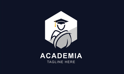 
Geometric and minimalist vector logo of a person in a graduation gown and cap, set inside a hexagon. The icon, with the word "ACADEMIA," is perfect for schools and educational institutions.
