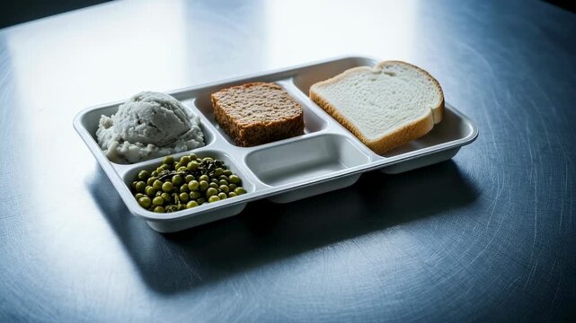 Simple meal serving on plastic tray with mashed food, bread, and peas on steel table, prison food concept footage.