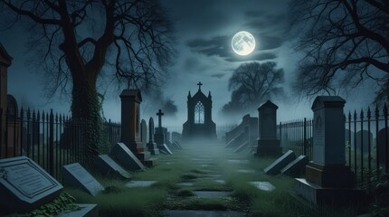 halloween night scene with cemetery