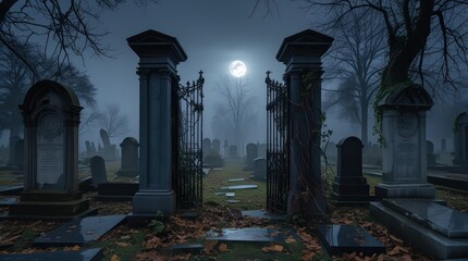 Abandoned ancient cemetery with a big halloween gate at night
