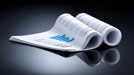 A stack of rolled-up business documents and reports displaying financial graphs, charts, and statistical data on a reflective desk surface
