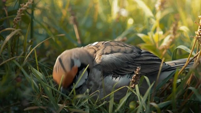 Rufous Sibia Bird Foraging for Food in Grass Field