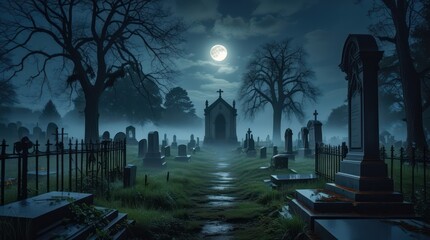 halloween night scene with cemetery