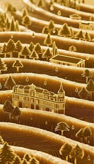 金の建造物と樹木の3D地形図