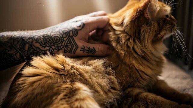 Tattooed male hand stroking a sleepy ginger cat, domestic animal being pet, human animal bond footage.