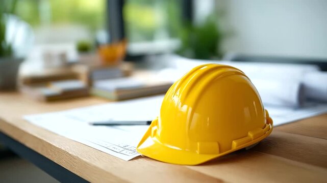 Construction Plans and Budget Documents Scattered on Wooden Desk with Grainy Texture and Pencil Marks Yellow Hard Hat Symbolizing Precision Blurred Office Background Highlighting