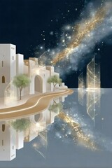 幻想的な夜空と白い建物群と水面の反射の抽象画
