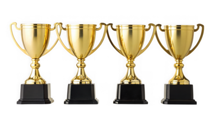 Four identical golden trophies arranged in a row isolated on transparent background