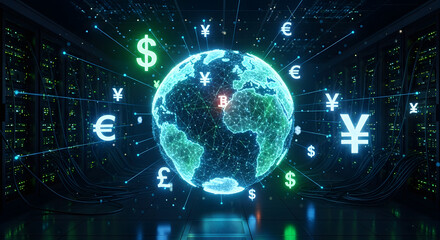 A glowing digital Earth surrounded by international currency symbols, representing the future of global fintech and digital finance