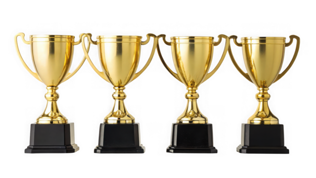 Four identical golden trophies arranged in a row isolated on transparent background
