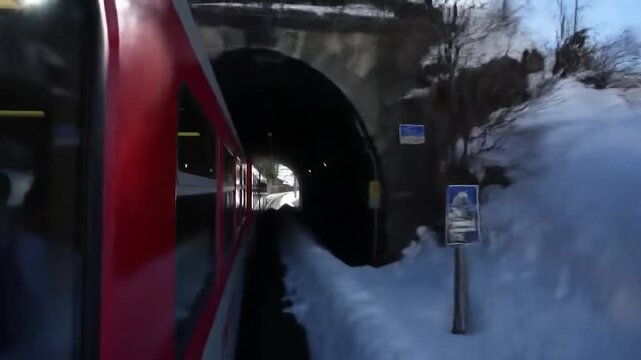 Train journey through snowy Swiss mountains