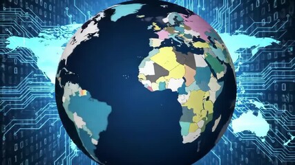 Global network, digital world map, binary code background, data visualization - Powered by Adobe