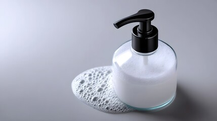 A sleek, modern glass soap dispenser with a black pump against a plain background, showcasing a minimalist and elegant bathroom accessory.