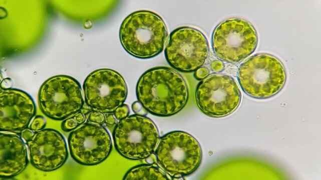 Microscopic view of volvox algae colonies forming spherical shapes in a light background image