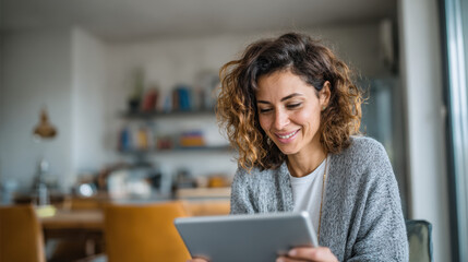 Smiling woman with curly hair holding tablet while sitting in cozy living room with soft lighting and modern decor, relaxed atmosphere, enjoying digital content.