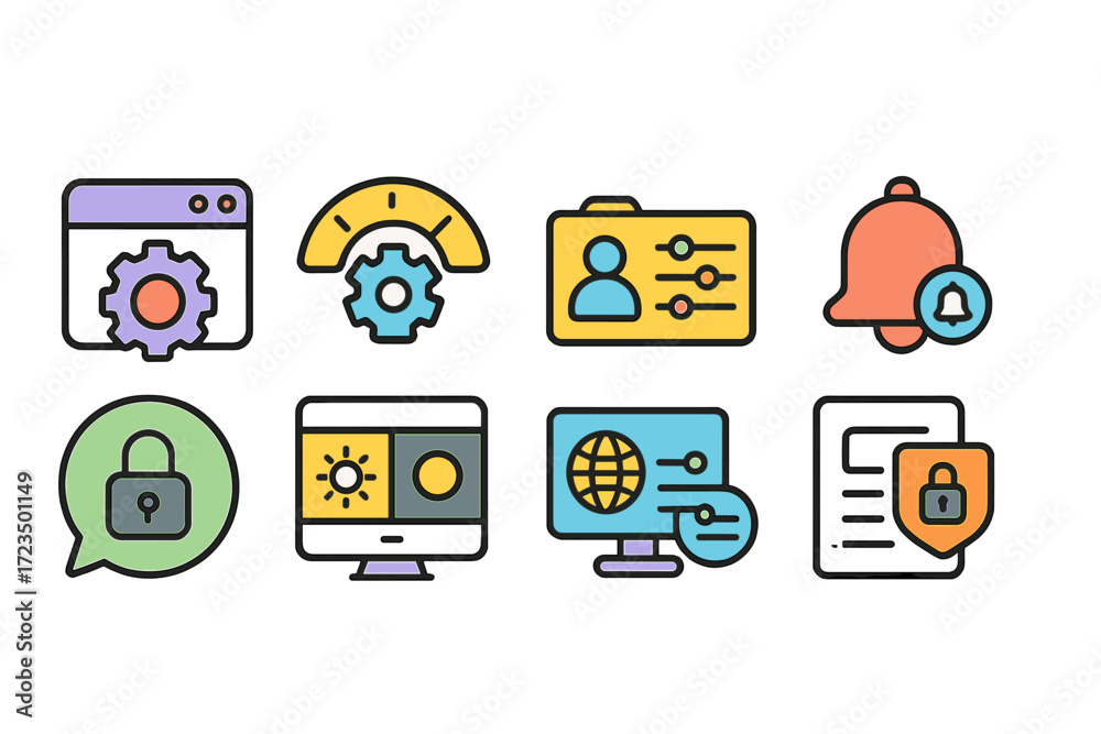 Wall mural web development flat icon set. coding, security, interface icons flat collection