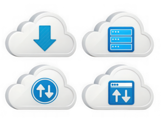 Cloud computing icons representing download, upload, server, and data transfer, isolated on transparent background