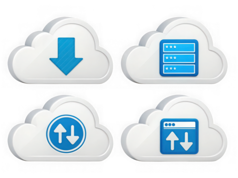 Cloud computing icons representing download, upload, server, and data transfer, isolated on transparent background