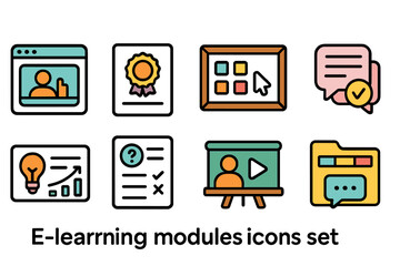 E-learning modules icon set. online education, courses, and study icons flat collection.