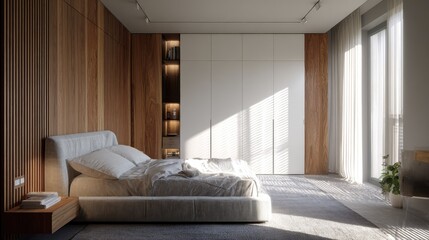 Minimalist apartment bedroom design with large fabric bed, wood-paneled accents, modern wardrobe, and natural light highlighting clean details