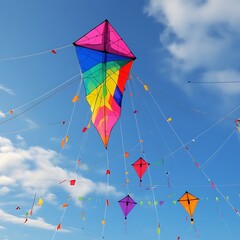 Colorful kites flying high in the bright blue sky day