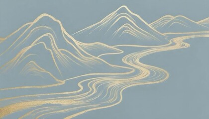 青い背景に金色の山々と川の抽象画