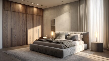 Minimalist chic bedroom with large upholstered bed, neutral palette, wood-accented wardrobe, lamps, and elegant soft lighting