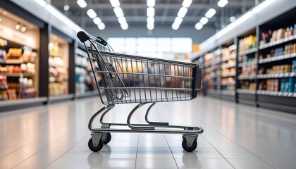 An empty shopping cart sits in a brightly lit supermarket aisle, representing consumerism, retail business, and grocery purchasing