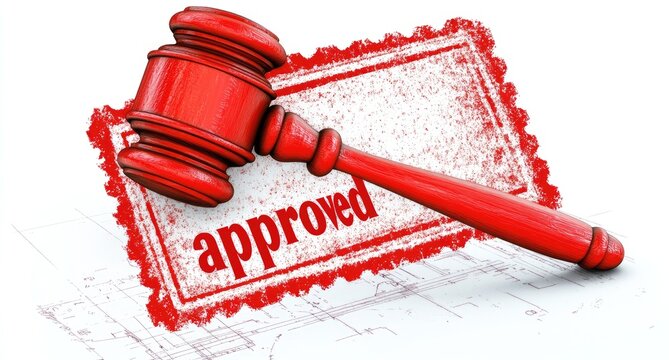 Red gavel resting on a red "approved" stamp over architectural plans