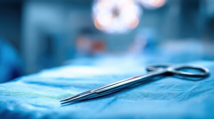Surgical Scissors Resting on Blue Operating Room Tablecloth
