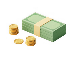 A stack of us dollar bills with coins, isolated on transparent background