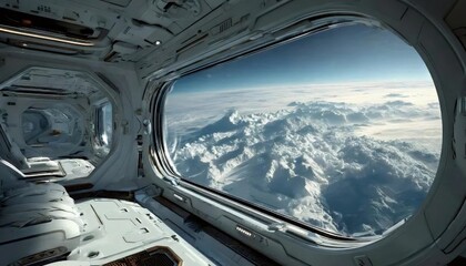 宇宙船の窓からの雪山のある地球の眺め