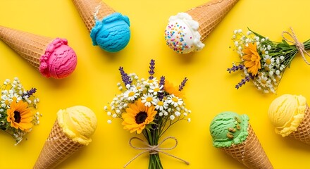 Summer Dessert Flat Lay: Vibrant Ice Cream Cones and Floral Bouquet on Yellow