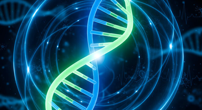 Abstract representation of a glowing DNA double helix, symbolizing genetics and scientific research
