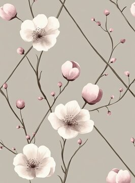 Delicate floral pattern on a light gray background.  Pale pink and white blossoms, buds, and branches crisscross with diagonal lines